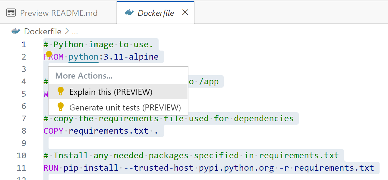 screenshot of dockerfile