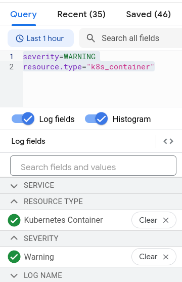 Example of the Log fields pane with two selections.