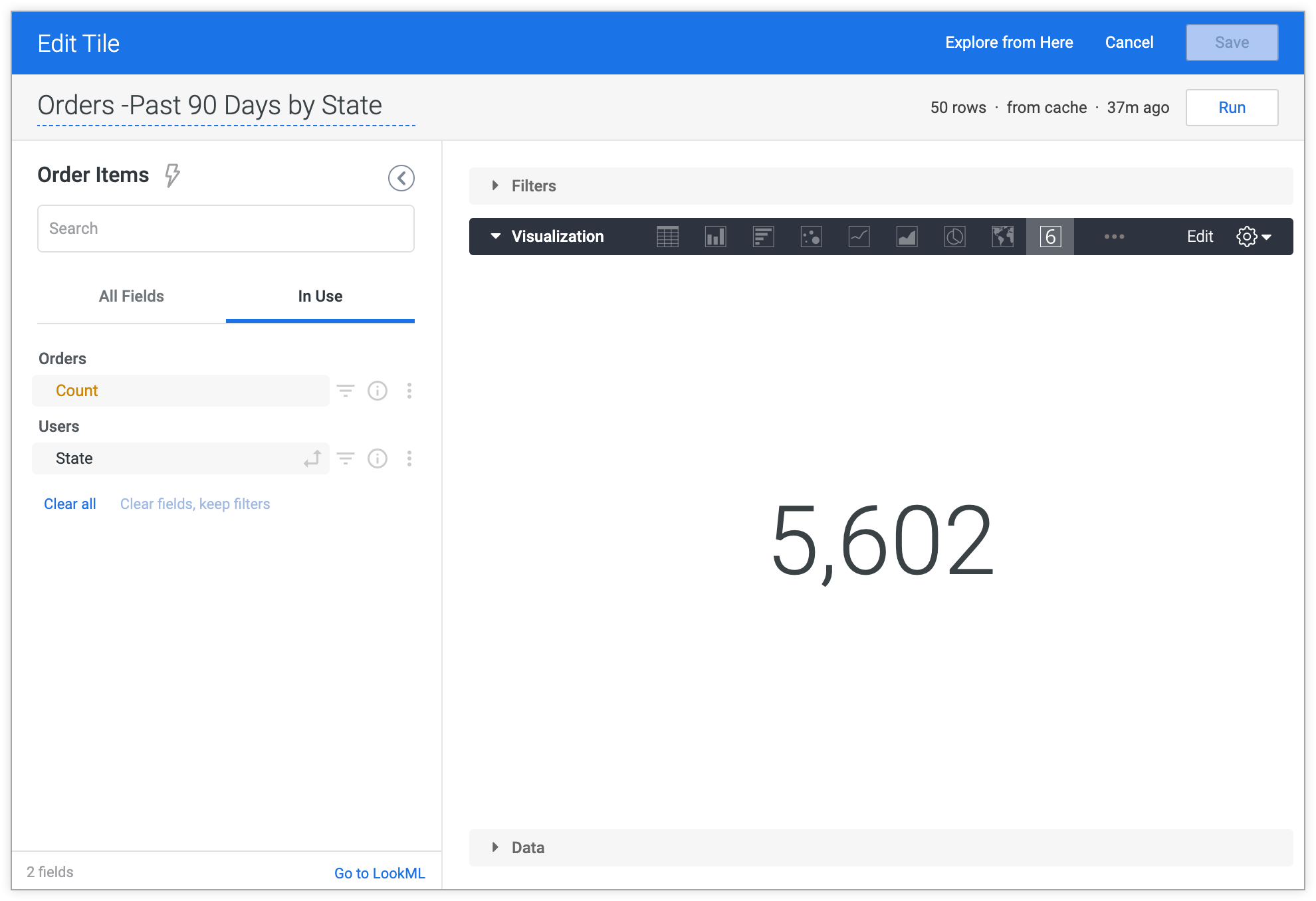 Dialog Edit Kotak di dasbor Looker tersemat menggunakan tema Looker default.