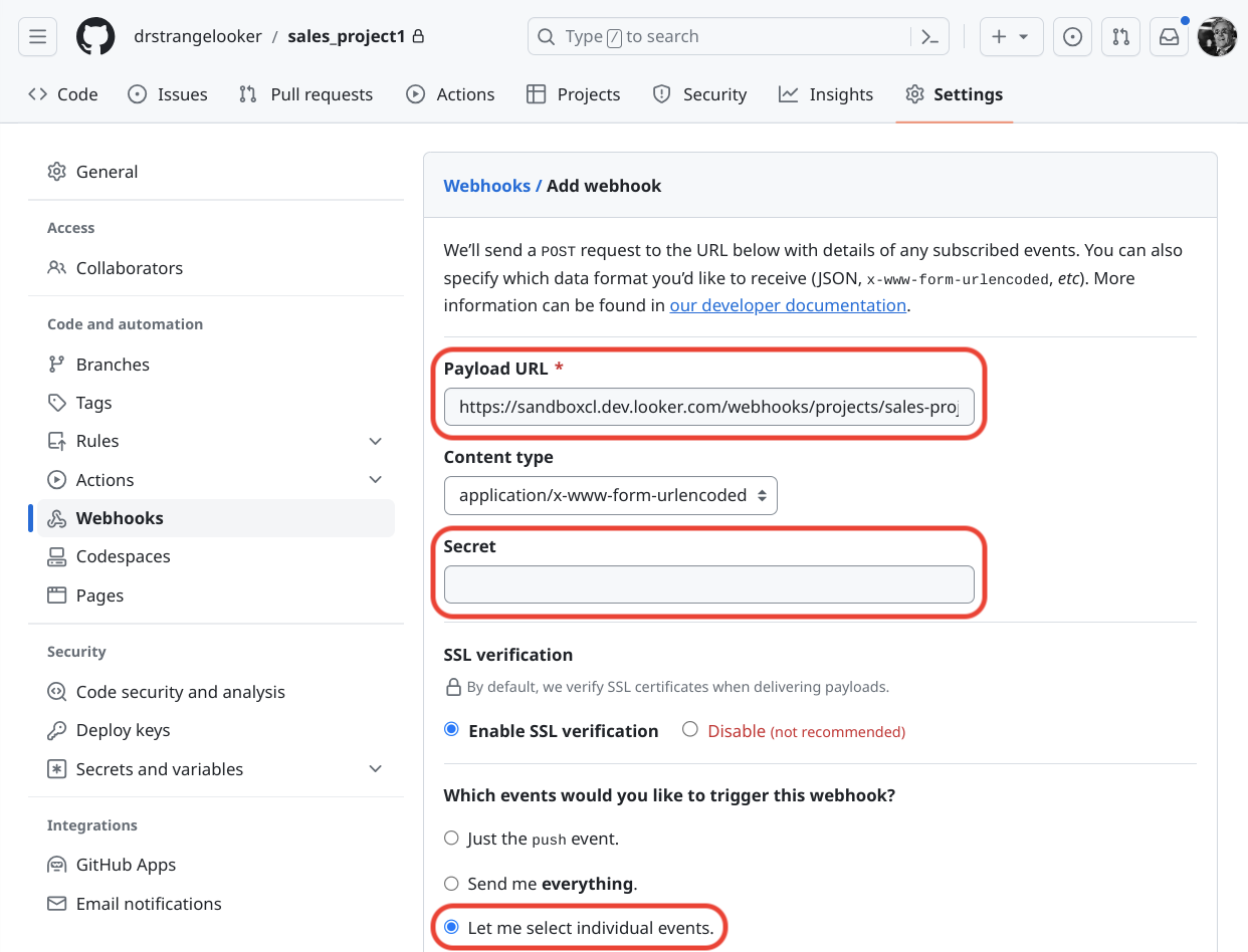 UI GitHub untuk mengonfigurasi webhook.