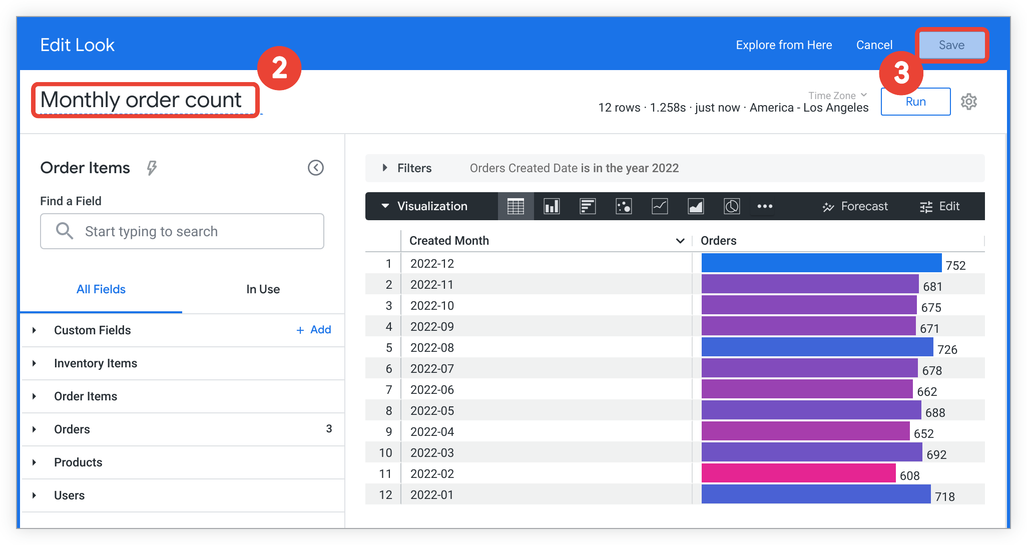 Le nombre de commandes par mois du titre de Look est remplacé par Nombre de commandes mensuelles dans le menu Modifier le Look.