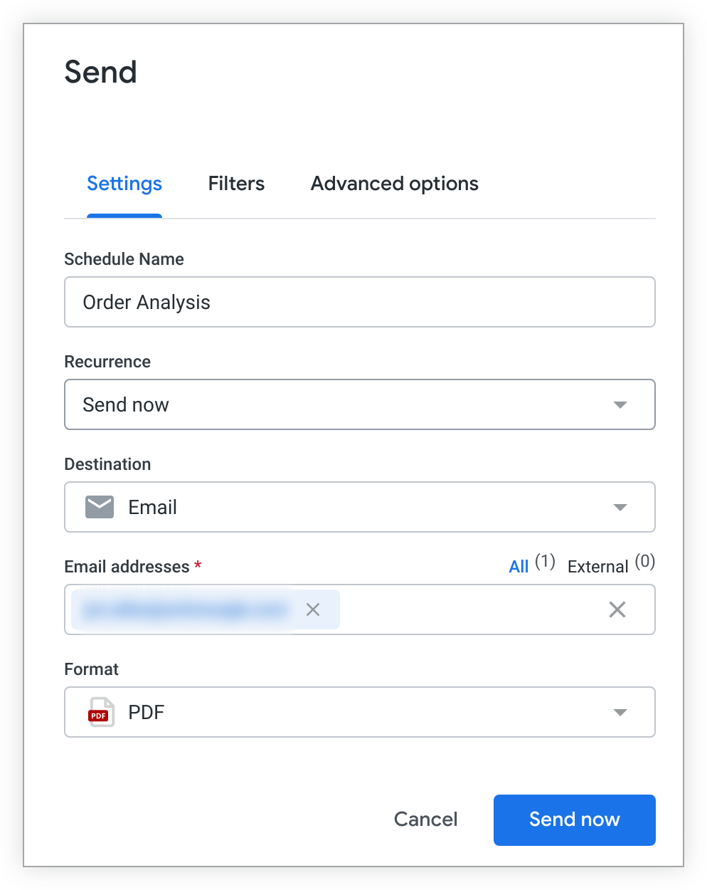 Das Fenster zum Planen und Senden mit Optionen zum Anpassen des Namens, der Wiederholung, des Ziels und des Formats einer Dashboard-Zustellung.