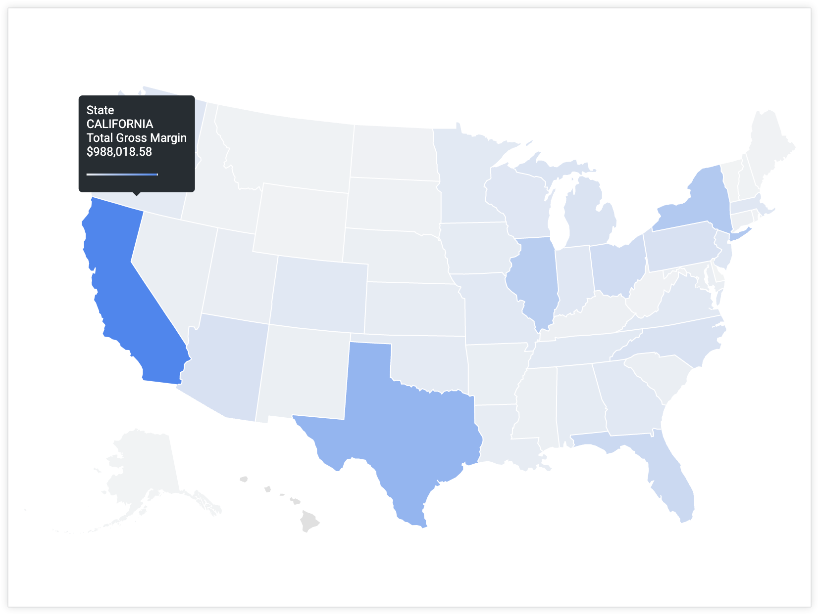 Lorsqu&#39;un utilisateur pointe sur &quot;Californie&quot;, une info-bulle s&#39;affiche avec la valeur &quot;État Californie&quot; et la valeur &quot;Marge brute totale&quot; (988 018,58 $).