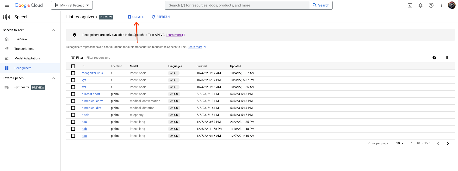 Capture d'écran de la liste des outils de reconnaissance Speech-to-text.