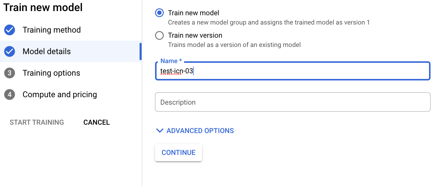 Train new model window step 4