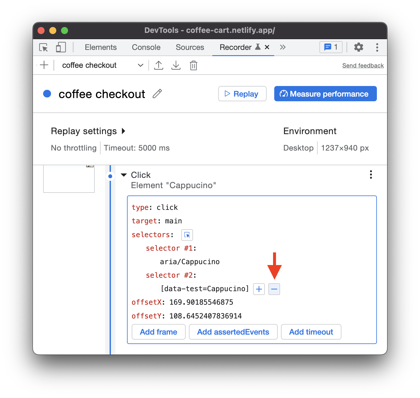 The DevTools recorder panel shows an option to remove a selector