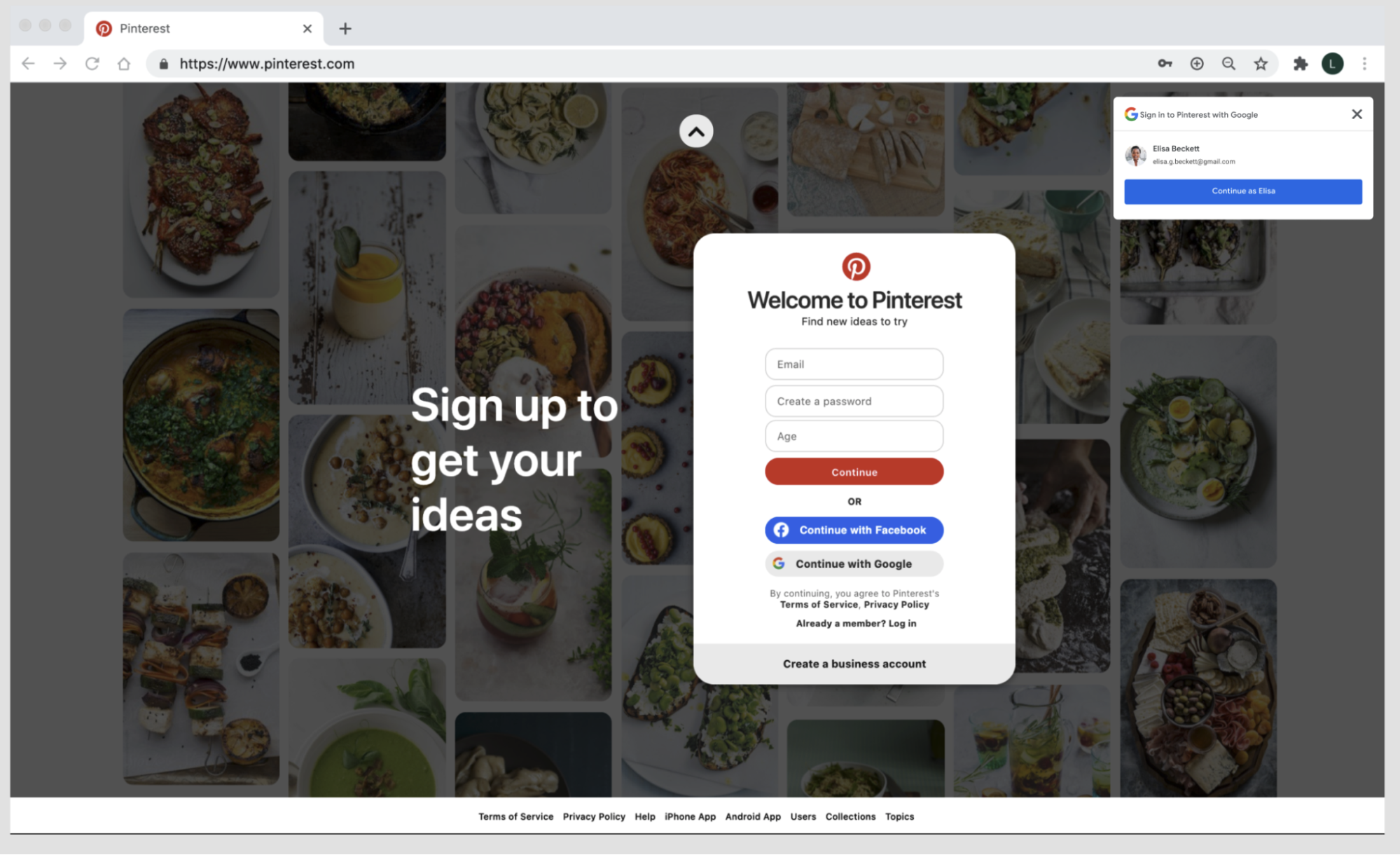 A screenshot of Pinterest web page using Google Identity Service One Tap.