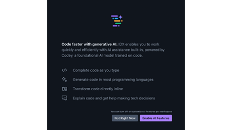 A screenshot of the IDX onboarding flow enabling AI features