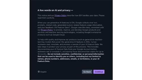 A screenshot of the IDX onboarding flow showing a note on AI and privacy