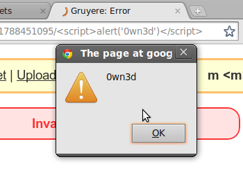 An HTML alert displaying '0wn3d'