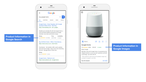 google search result pages showing how product information may show up in Search and Google Images