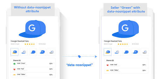 Google Search result with and without the data-nosnippet robots meta tag