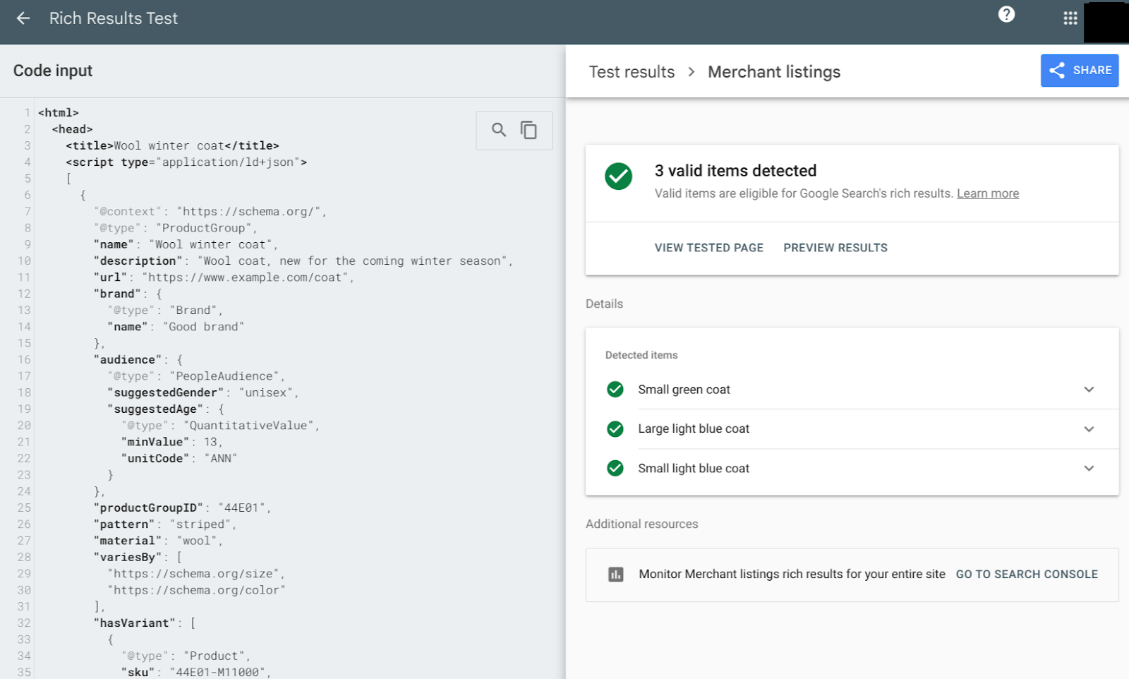 Product variant structured data in the Rich Results Test