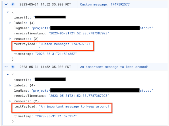 screenshot of GCP Logs Explorer, showing sample
logs.