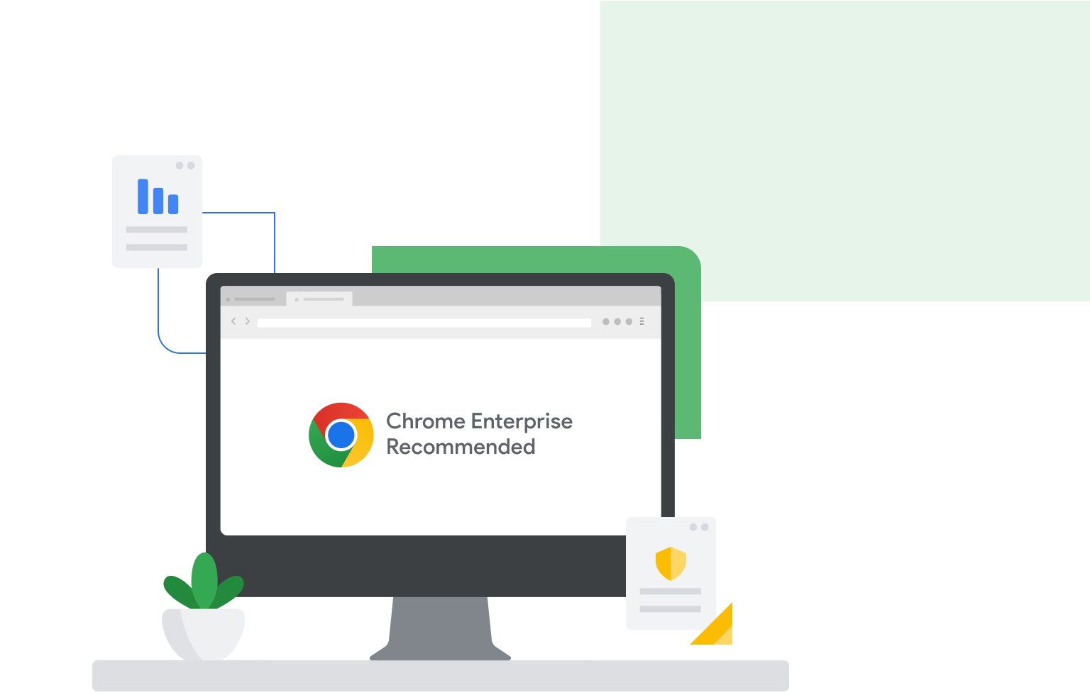 Ein Computermonitor mit der Anzeige „Chrome Enterprise Recommended“. Oberhalb des Monitors links ist eine Webseite mit einem Balkendiagramm zu sehen und unterhalb rechts eine mit einem Schild.