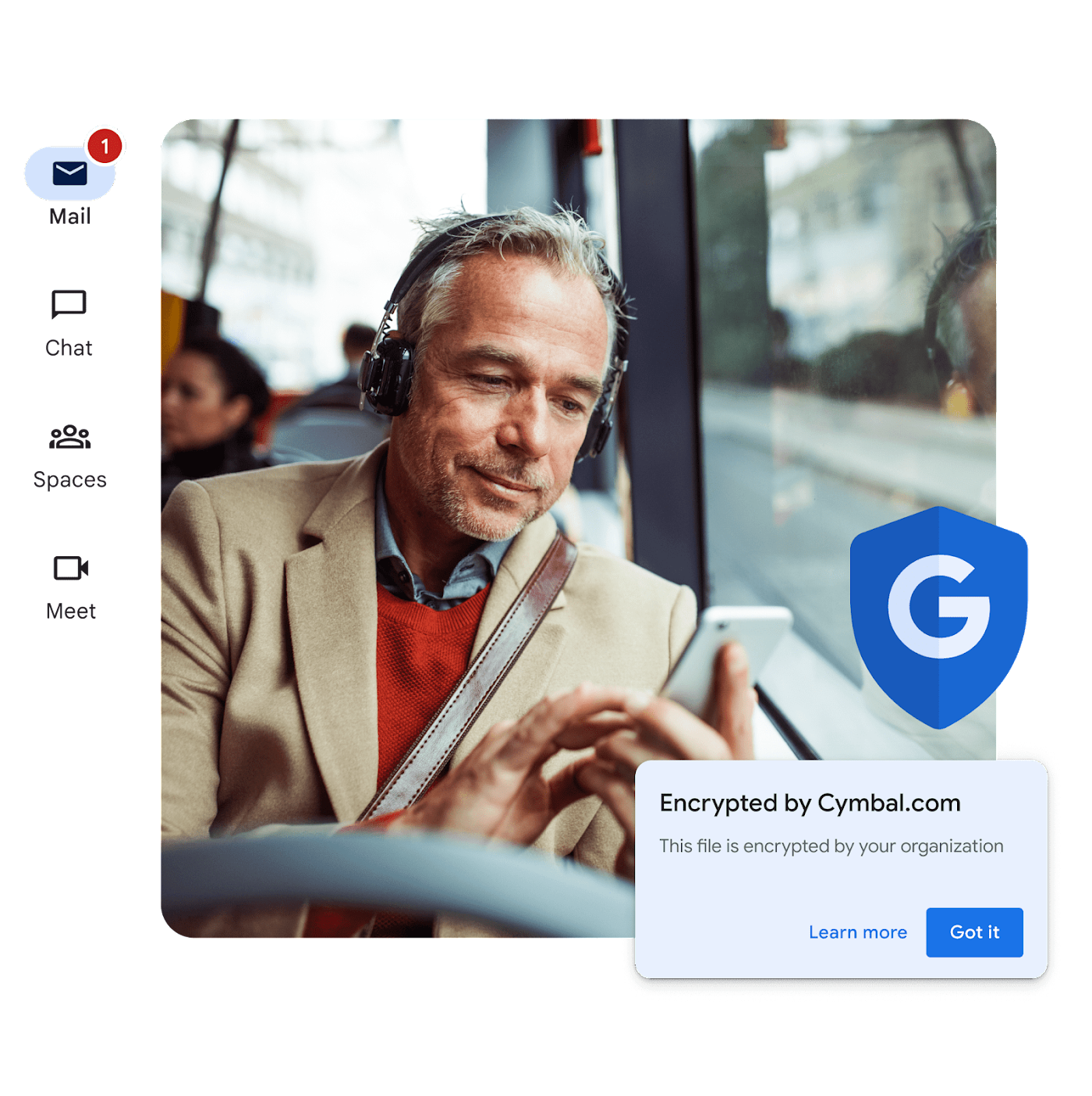 Passageiro no ônibus olhando para o smartphone. A notificação informa que o e-mail recebido está criptografado pela organização.