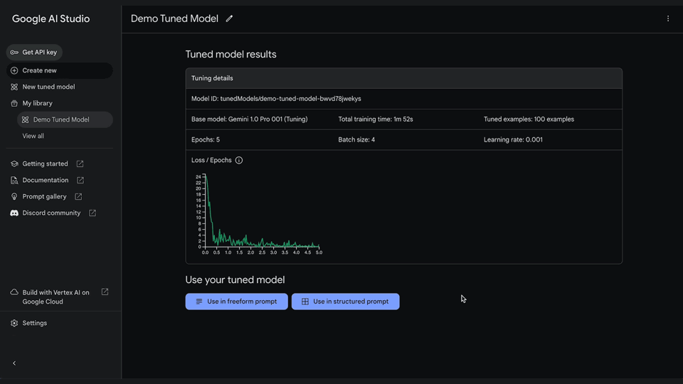 moving image demonstrating what it looks like to run your tuned model in Google AI Studio after importing data