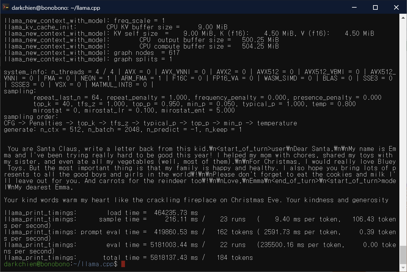 Image of llama.cpp build and output