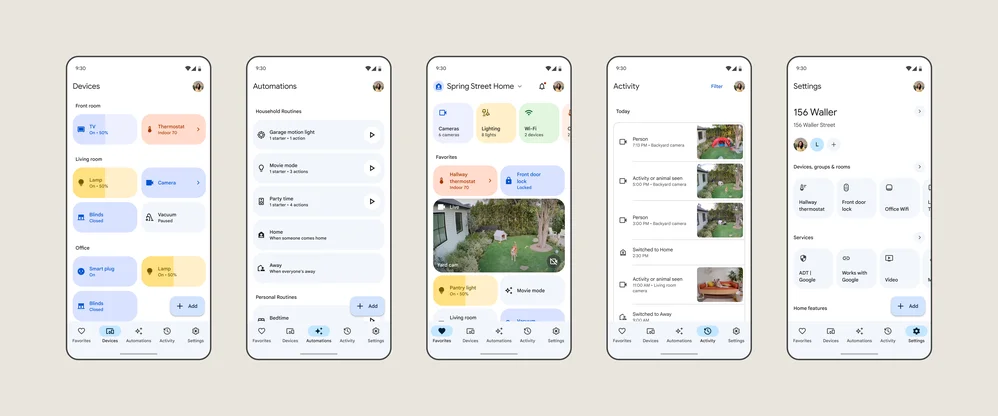 Google Home app five tab layout