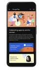 A phone displays the Apps hub for the Women’s History Month campaign on the Play Store with a section leading to an app collection called "celebrate, support and empower.”