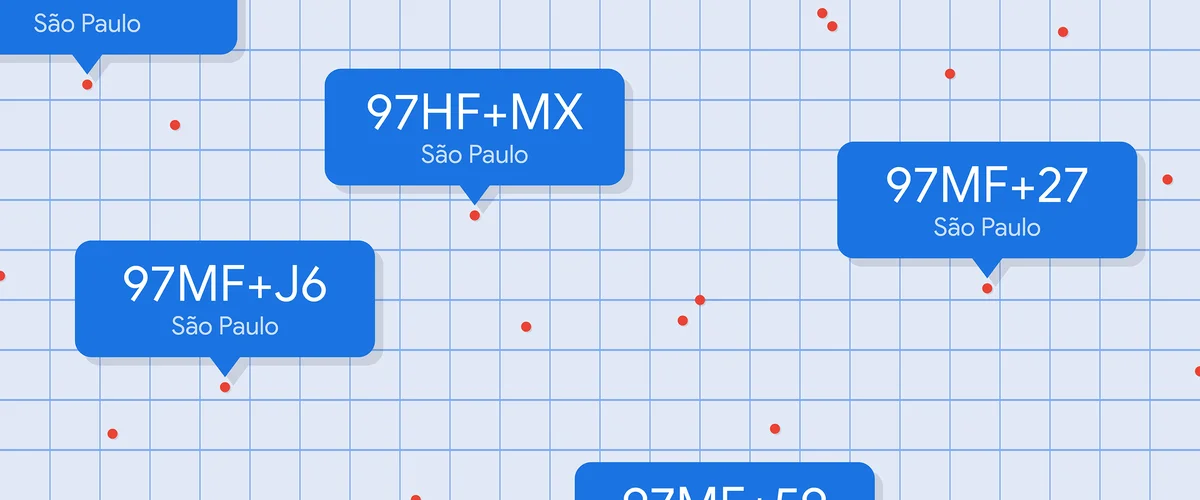 pontos em um mapa genérico com indicações de endereços baseado no padrão do plus codes, como "97hf+mx são paulo"