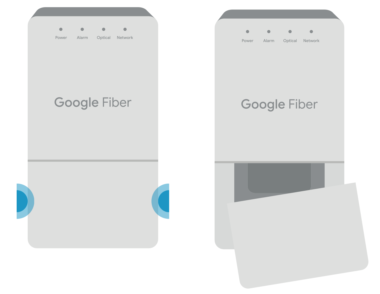 A drawing of the Fiber Jack (model GFLT131). On the left, two blue circles show where to press to remove the Fiber Jack front plate. On the right, the front plate is shown having been pulled downward.