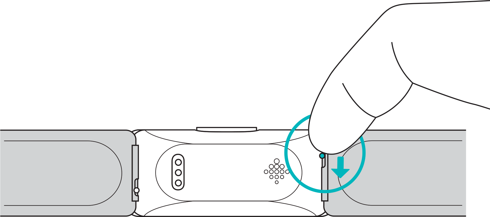 Tracker facedown with the pin highlighted that needs to be pushed inward to release the band