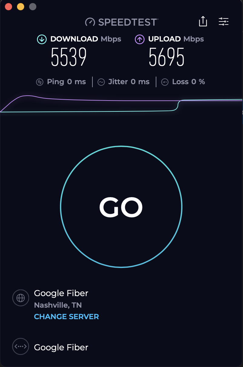 A speedtest.net results screen showing a download speed of 5539 Mbps and an upload speed of 5695 Mbps.