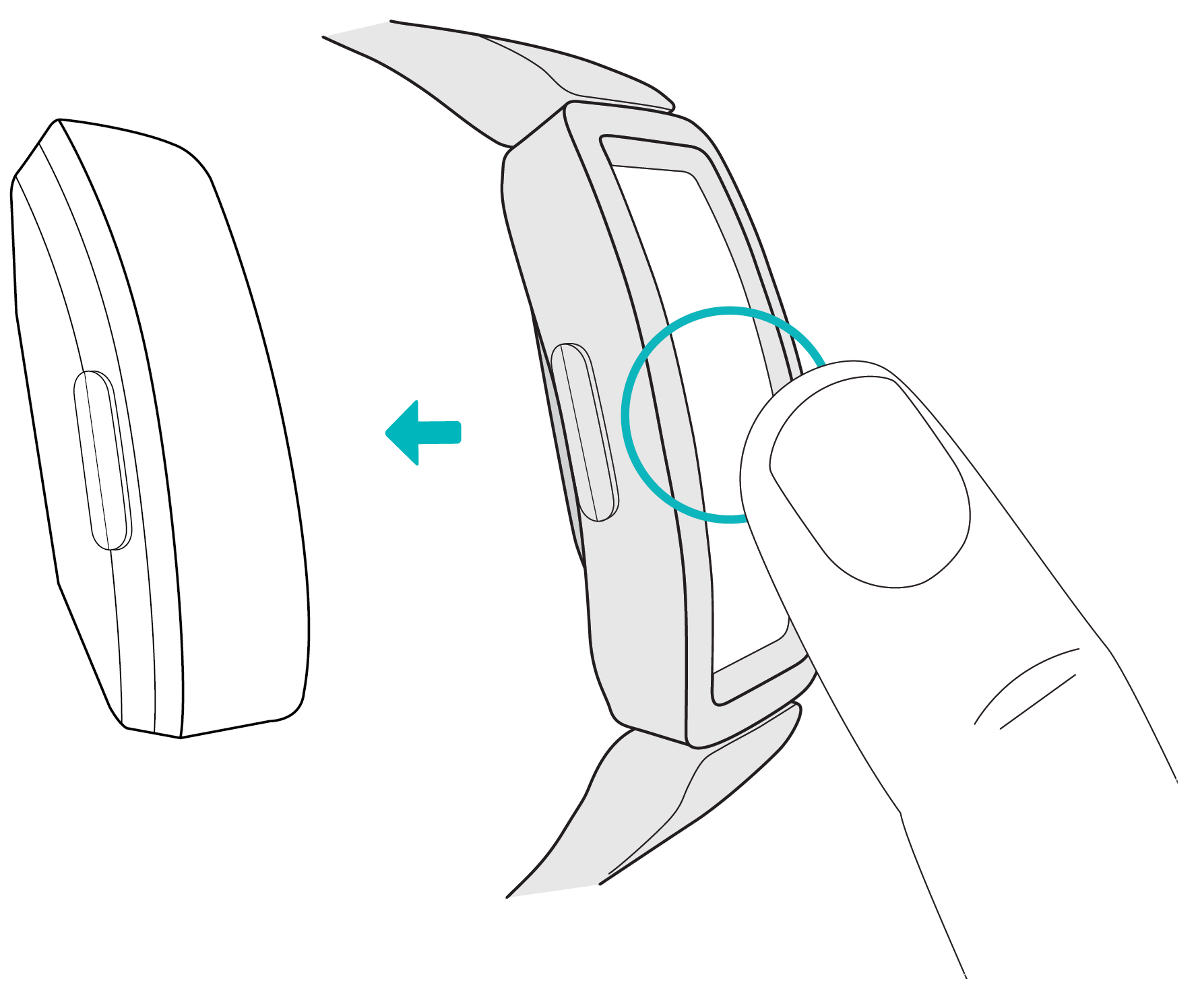 Detached tracker pebble with an arrow showing how to push it out of the band