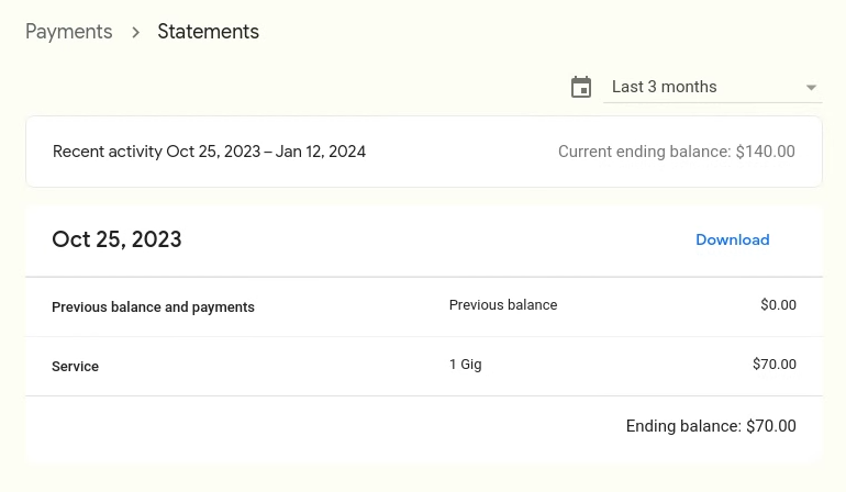 A statement shown within the GFiber customer portal. The statement shows a $70 line item for 1 Gig internet service.