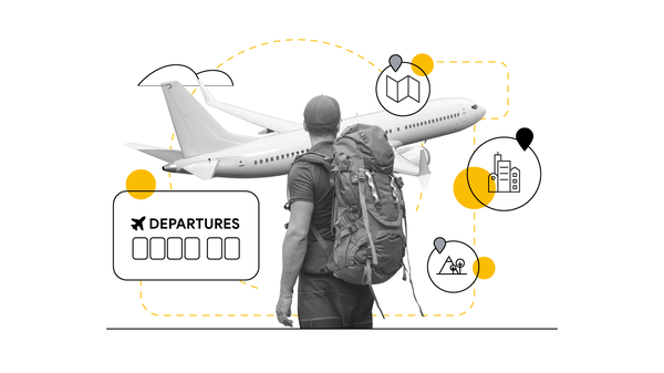 A man carrying a hiking bag looks at a plane with icons of a map, city skyline, nature and a departure gate surrounding him, representing APAC traveler behaviors and trends, and the tourist decision making process.