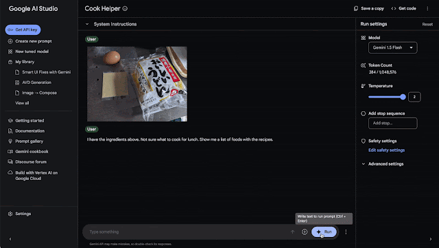 Moving image showing the Cook Helper prompt in Google AI for Developers