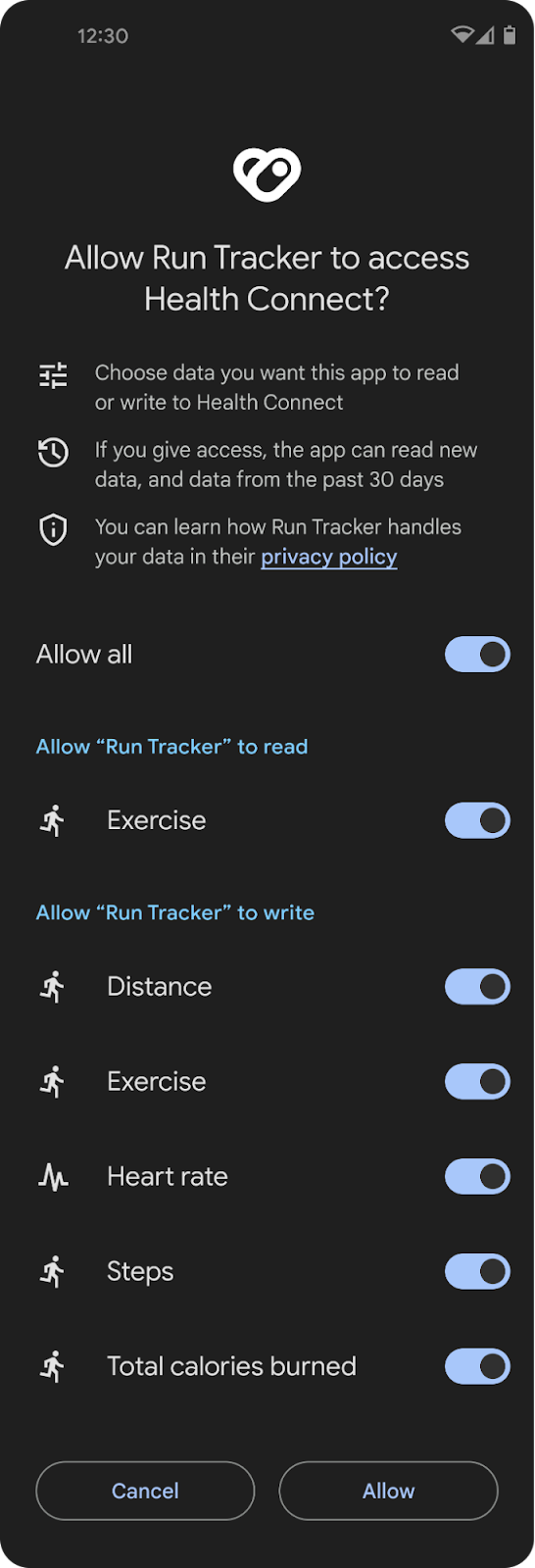 Phone screen showing granular permissions for Run Tracker app to access in Health Connect