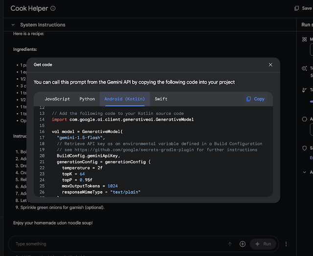 Screengrab of using 'Get code' to obtain a Kotlin snippet in Google AI Studio