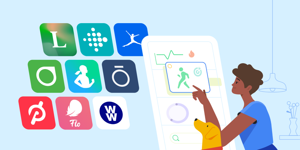 Against a light blue background, an illustration of a person and their dog looking at a large screen with a 3x3 display of health app icons: Lifesum, Fitbit, MyFitnessPal, Dexcom, Samsung Health, Oura, Peloton, Flo,and WW.