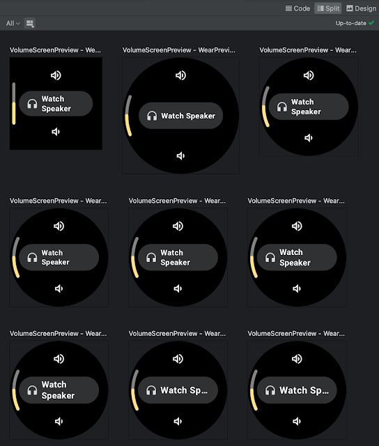 Image showing WearPreviewDevices and WearPreviewFontScales annotations used for Horologist VolumeScreen preview