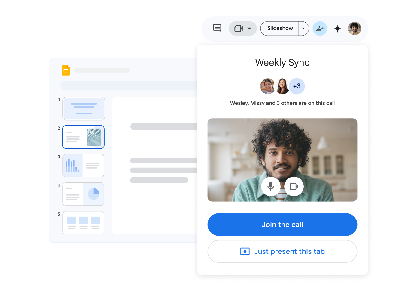 A team member joins a weekly video call from within a Google Slides presentation. 
