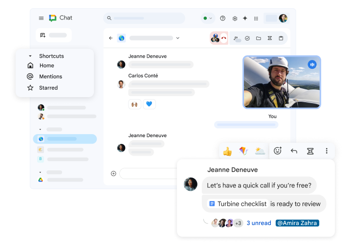 Google Chat page that highlights shortcuts, a video call in progress and an ongoing chat conversation with a link to a Google Doc, available reactions and replies.