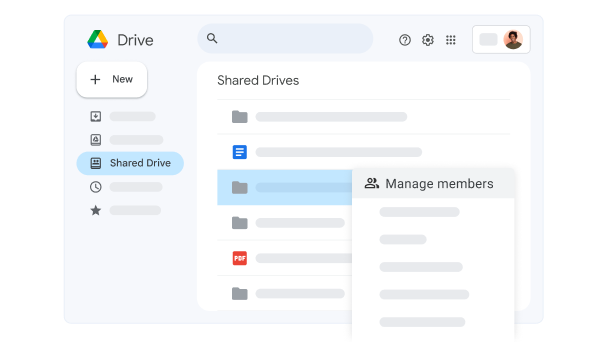 IU de Google Disque affichant l'option « Gérer les membres » pour un fichier de disque partagé. 