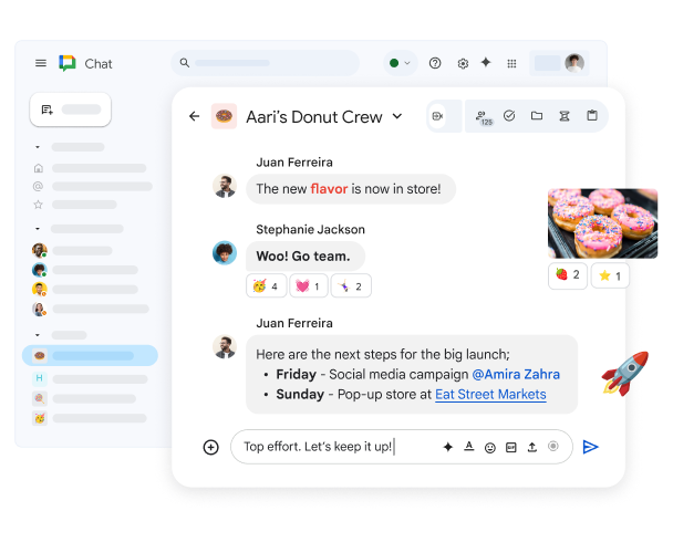A Chat space called  ‘Dan’s Donut Crew’ showing a variety of ways people can express themselves including rich text formatting, reactions, and images.