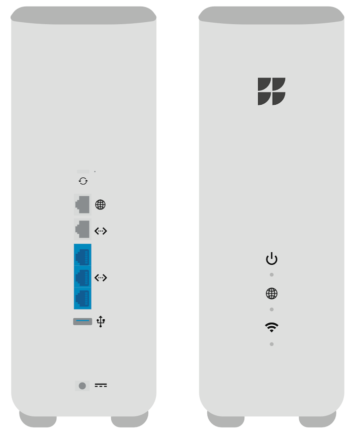 A drawing of the GFiber Wi-Fi 6E Router (GR6EXX0C) seen from the back and the front.