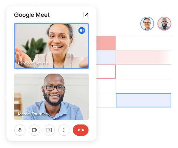Dois membros da equipe em uma chamada do Meet no app Planilhas