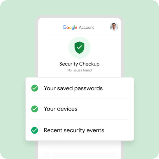 Изображение телефона Android со страницей проверки безопасности аккаунта Google и сообщением о том, что проблемы не обнаружены. Поверх него показан список всех проверенных данных: это сохраненные пароли, устройства пользователя и недавние события безопасности.