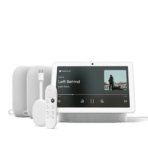 家でエンターテイメント セット Google Nest Audio スピーカー 2 台、Google Nest Hub Max、Chromecast with Google TV (4K)