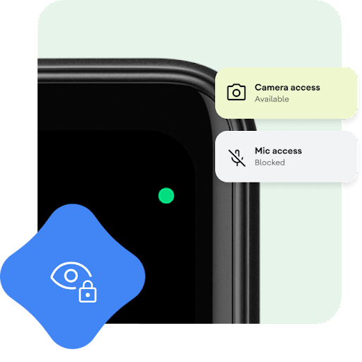 Cận cảnh phần trên cùng bên phải của chiếc điện thoại Android, với chấm màu xanh lục ở gần góc màn hình. Lớp phủ đồ hoạ cho biết Quyền truy cập camera là Cho phép và Quyền truy cập micrô là Đã chặn. Cùng với biểu tượng con mắt có hình chiếc khoá.
