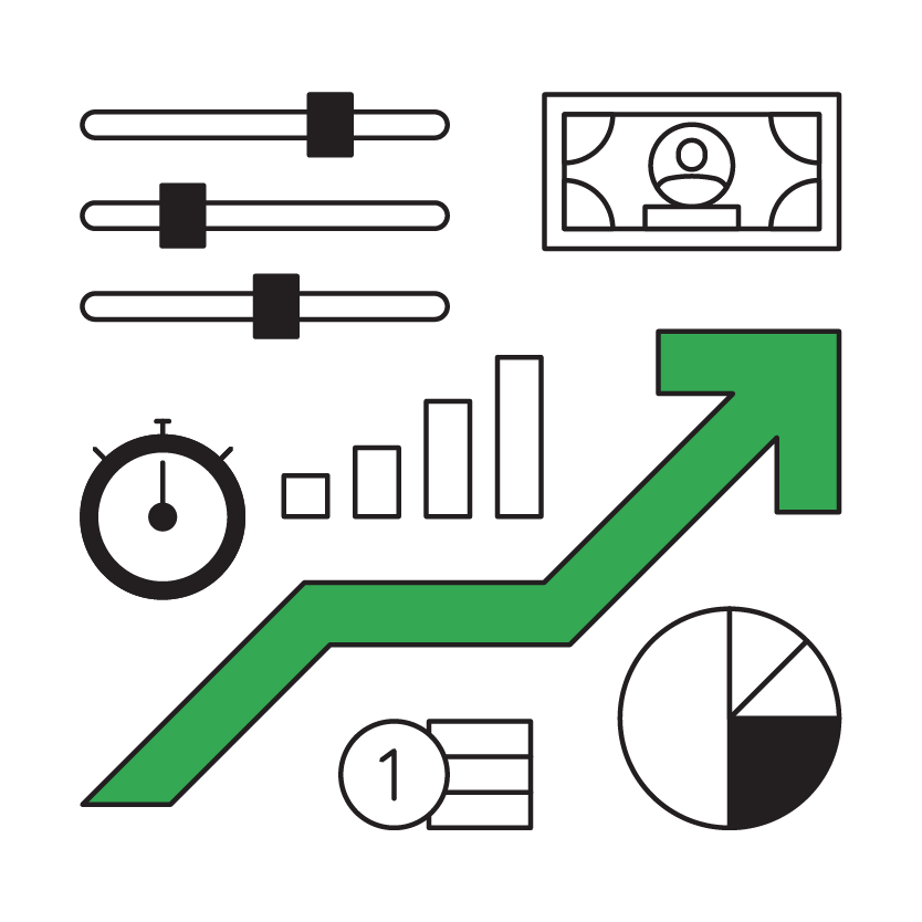 Illustrations of an upward arrow, bar graph, pi chart, and cash