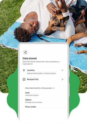 Một người cùng chú chó hỗ trợ nằm trên chiếc khăn trải ra bãi cỏ. Người này dùng điện thoại Android. Trên một phần ảnh này là lớp phủ đồ hoạ vẽ hình phác thảo chiếc điện thoại Android, chứa thông tin chi tiết về dữ liệu được chia sẻ với các ứng dụng, bao gồm cả dữ liệu vị trí và thông tin cá nhân. Cùng với một mục cho biết mục đích chia sẻ dữ liệu.