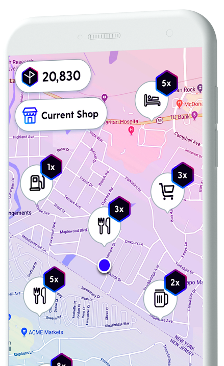 Mapa mostrando pontos de recompensa disponíveis em diferentes locais