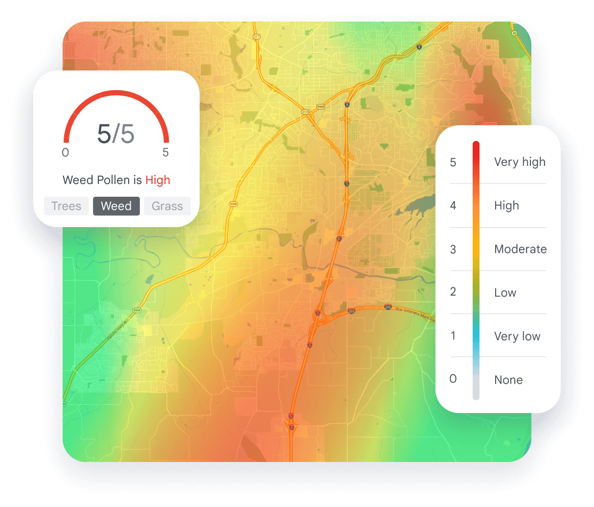 Air quality map showing weed pollen levels