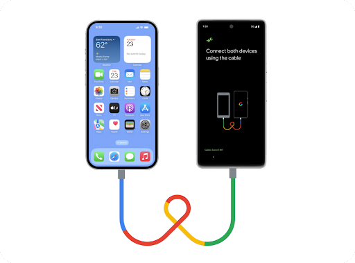 一部 iPhone 和全新的 Android 手機並列擺放，並以 Lightning USB 線連接。資料正從 iPhone 轉移至新 Android 手機，整個過程簡單暢順。